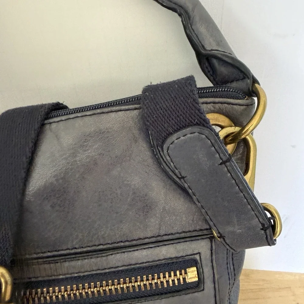 Fossil Dusty Blue Leather Handbag Zip Convertable Crossbody Shoulder Satchel Bag